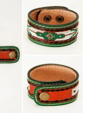 American Darling Beaded Leather Cuff Bracelet Green Southwestern Western